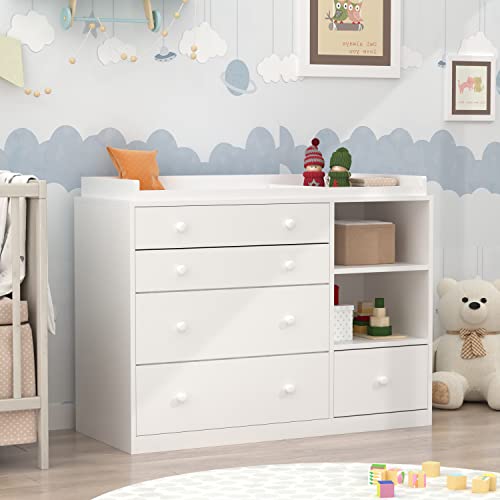 Image of ECACAD Modern Nursery Dresser Chest with 5 Drawers, 2 Open Shelves & Guard Table Top, 47.2”W Wood Dresser Storage Chest of Drawers for Bedroom, White