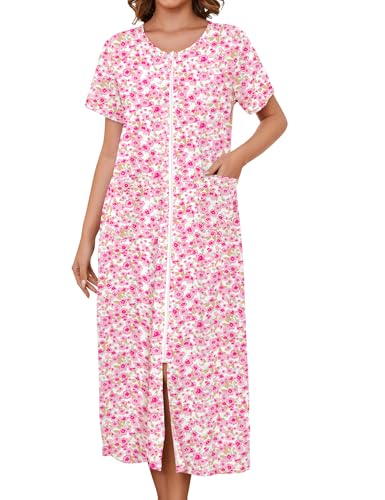 Image of Bloggerlove Zipper Front Robes for Women House Coat Half Sleeve Loungewear Long Nightgown with Pockets S-3XL