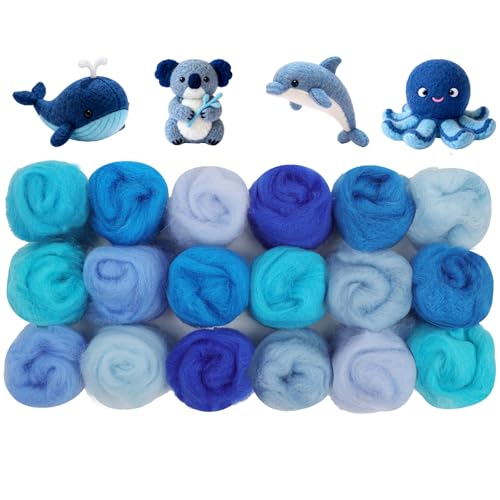 Ainiv 18 Pcs Felting Wool Needle Felting Wool 9 Colors x 2 Packs Fleece Roving Yarn Beginner-Friendly Art Crafts Starter Needle Fuzzy Felt Supplies for DIY Craft Beginners (Blue Series)