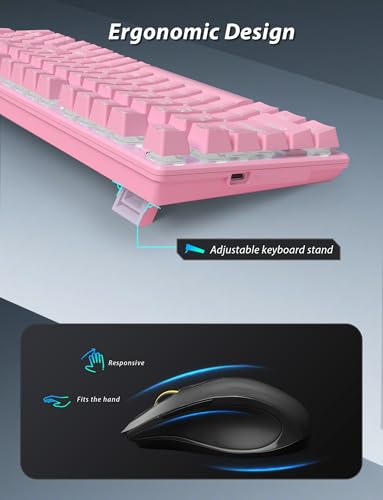 Image of Wireless Mechanical Gaming Keyboard and Mouse Combo, 98 Keys RGB Backlit Rechargeable 2000mAh Battery, 3-Mode BT5.0 /2.4G /USB-C (Pink)