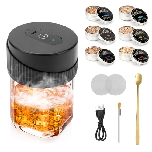 Whisky Smoker Set, Elektrischer Cocktail Smoker Kit mit 6 Dosen Holzchips, Wiederaufladbar Whisky Räucher Set, Altmodisches Whiskey Räucherset für Vater, Cocktail Liebhaber, Rund, schwarz