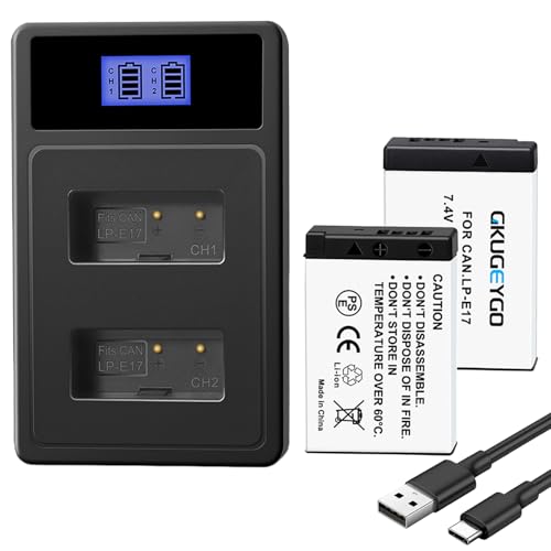 GKUGEYGO 2-Pack LP-E17 Battery and Dual USB Charger Compatible with Canon EOS R100 R50 RP R10 R8 Rebel T8i T7i T6i T6s SL2 SL3 M3 M5 M6 77D 200D 250D 750D 760D 800D 8000D Digital SLR Camera