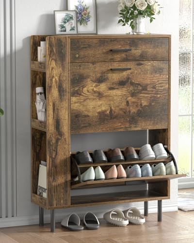 Anmytek Shoe Storage Cabinet with 2 Flip Drawers, Freestanding Shoe Rack Storage Organizer with Shelves Drawers for Entryway, Narrow Shoe Rack Cabinet, Rustic Brown