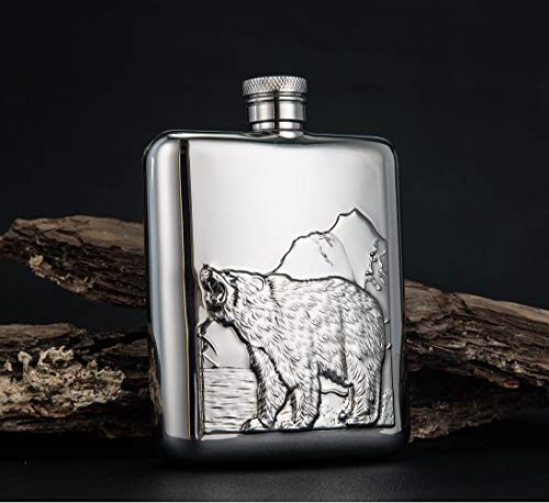 Image of Hip Flask with Funnel, All 18 /8 304 Food Grade Stainless Steel Curved Pocket Flask for Liquor | 6 OZ Capacity | Gift Boxed (Bear)