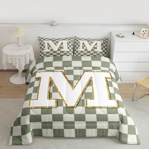 Image of Erosebridal Sage Green Checkered Kids Comforter Sets Plaid Initial M King Bedding Set for Adults Personalized Monogram Comforter Set,Fashion Grids Gingham Quilt Duvet 3 Pcs