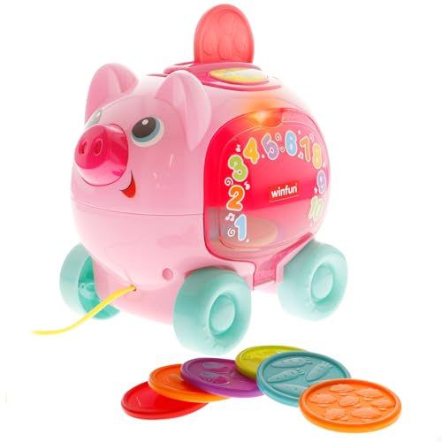 Winfun Hucha de Cerdito bebé, Cuerda Arrastre, 10 Monedas Colores, +30 Sonidos, +37 Palabras y Frases, Español e inglés, Luz Parpadeante, Dos Modos de Juego, +6 Meses, Juguete Interactivo (39364)