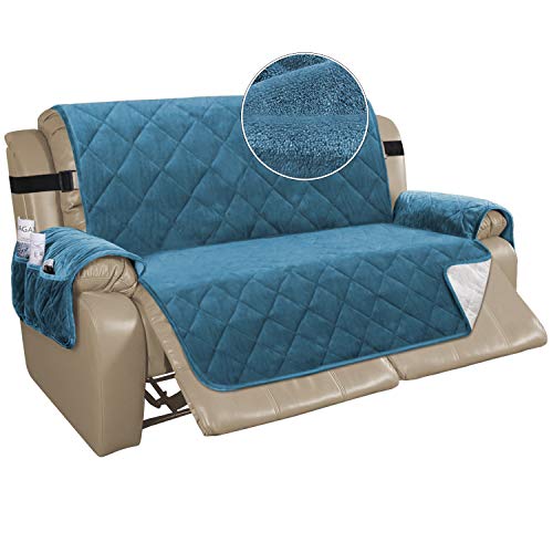 Turquoize Recliner Couch Cover Velvet Loveseat Recliner Cover Recliner Couch Covers for 2 Cushion Couch Recliner Cover Slip Resistant Recliner Protector with Straps Seat Width Up to 54", Peacock Blue