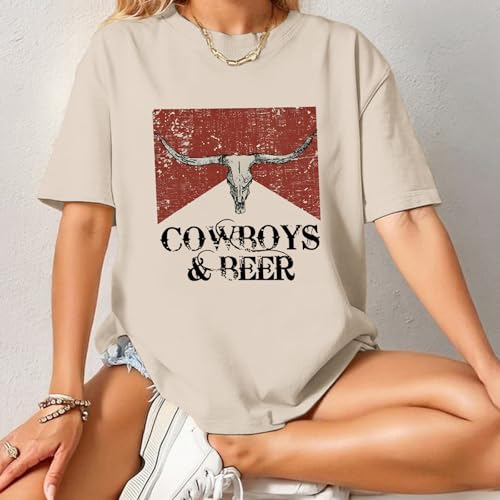 Cowboy Beer Shirts for Women Oversized Western Rodeo Shirt Cowgirl Vintage Cow Skull Graphic Tees Country Music Tops3