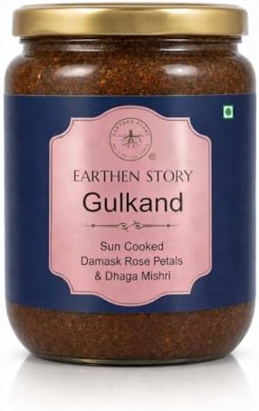 Earthen Story Sun Cooked Gulkand Without Sugar 500gm | NPOP Certified Organic | Lab Tested for 290+ Pesticides | Indian Pink Damask Rose & Dhaga Mishri | 100% Natural Rose Petal Jam in Glass Jar