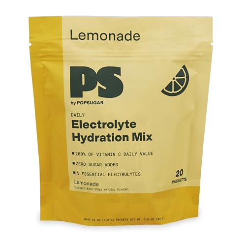 Image of POPSUGAR Electrolyte Hydration Drink Mix Packets, 20 Single-Serve Packs (Lemonade), Zero Sugar Electrolytes Powder, Naturally-Flavored Water Enhancer, Non-GMO Powdered Drink Mix with Vitamin C