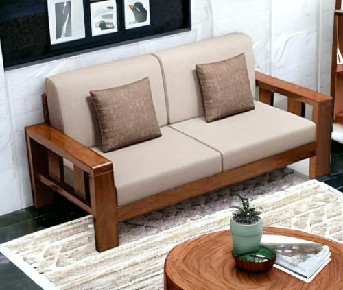 Image of Sheesham Wooden 2 Seater Sofa for Living Room | Solid Wood 2 Seater Cushion Sofa with Side Newspaper Holder for Home & Office | Solid Wood Sofa Sets Furniture (Honey, 2 Seater)