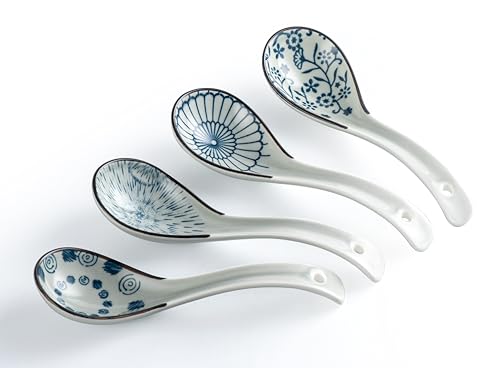 4Pcs Asian Soup Spoon,Chinese Ceramic Soup Spoons,Non-Slip Japanese Soup Spoon,Ramen Spoons with Hook for Rice Pho Miso Soup Wonton Noodle (4, Japanese Blue & White)