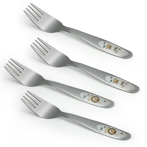 4 Piece Stainless Steel Toddler Forks, Safe Children Forks for Self-Feeding, Baby Forks with Colorful Laser Design, Dishwasher Safe