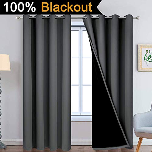 Image of Yakamok Dark Grey 100% Blackout Curtains 90 Inches Long 52 inch Wide 2 Panels | Blackout Curtain Panels for Bedroom, 2 Thick Layers Grommet Top Thermal Insulated Drapes with Black Liner for Living Room