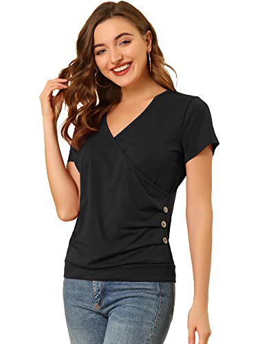 Image of Allegra K Women's Wrap V Neck Short Sleeve Button Decor Ruched Top Black 12