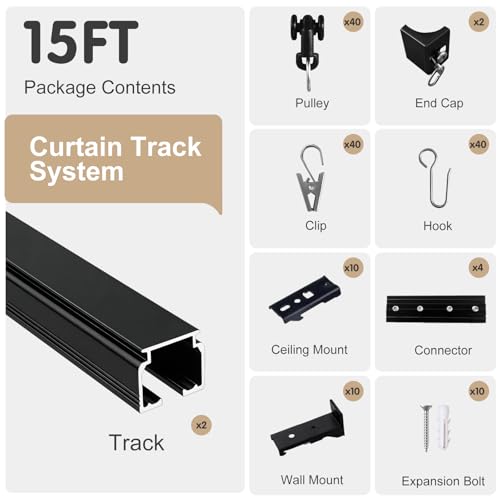 MaKefeile Ceiling Curtain Track, Heavy Duty Curtain Tracks System for Room Divider, Wall Mount Sliding Curtain Rail with Clip and Hooks Set for Living Room, Bedroom, Shower, Outdoor, Black, 12ft-15ft by MaKefeile - Used condition - Image 6