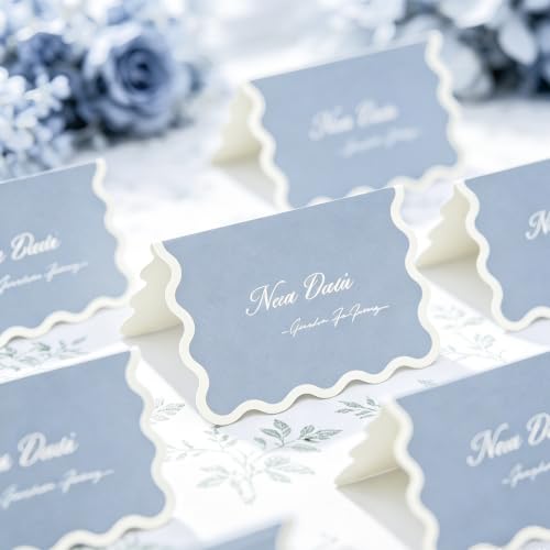 FYSUIMU 100Pcs Minimalist Place Cards, Blue Beige Scalloped, 2 x 3.5 Inch