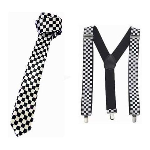 Silver Fancy Dress® 1980s Ska Two Tone Kit - Black White Chequered Braces and Tie Fancy Dress Theme Party Fun Hen/Stag Night Cover