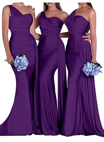 One Shoulder Mermaid Bridesmaid Dresses for Wedding Bodycon Satin Long Formal Evening Gowns with Train