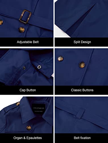 CREATMO US Women's Rain Trench Coat Long Trench Jacket with Belt Navy 2XL