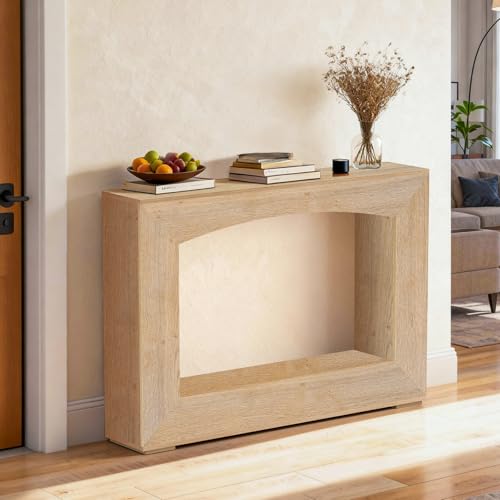 Image of Sonharlar 46 Inch Entryway Table U-Shaped, Wooden Console Table with Socket Farmhouse Sofa Table for Entrance, Hallway, Living Room,Behind Couch((Oak Brown)