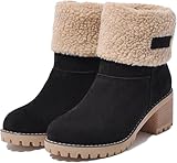 Winter Snow Boots for Women Mid Heel Ankle Booties Faux Suede Fur Lined Slip-on Shoes