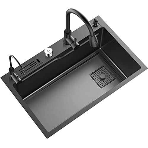 Fregadero Cuadrado Nano Bar de Acero Inoxidable 304 de un Seno con Grifo extraíble y desagüe, Montaje Superior/bajo encimera, Negro, 80 x 50 x 20 cm - Mejora de Cocina