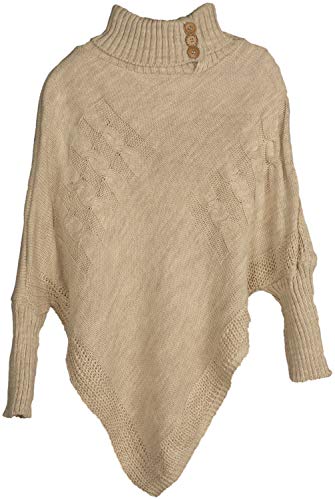 styleBREAKER Damen Feinstrick Poncho mit Zopfmuster und Ärmeln, Schalkragen 08010055, Farbe:Beige