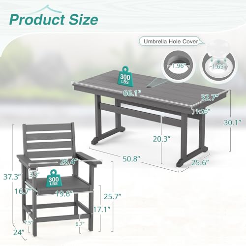 Homenjoy 7 Piece Patio Dining Set, 66" Rectangle HDPS Weather Resistant Outdoor Table & 6 Patio Chairs Set with 1.96" Umbrella Hole, Heavy Duty Chairs for Backyard Balcony Deck, Grey — view 2