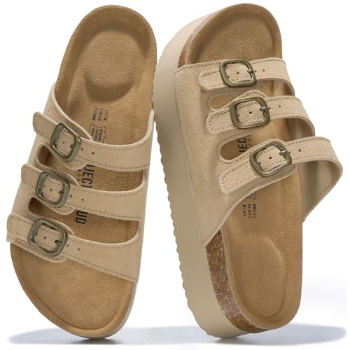 Image of Project Cloud 100% Genuine Leather Platform Sandals Women Footwear - Comfortable Womens Slides Memory Foam Insole - Non Slip Water-Resistant 3-Strap Wedge Sandals for Women 2026