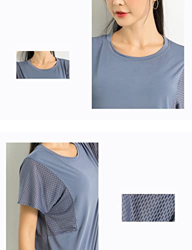 Skikyan Casual Women Mesh Short Sleeve Workout T Shirts Round Neck Slim Fit Breathable Moisture Wicking Running Yoga Gym Athletic Summer Tops(Blue, L) #TOP5