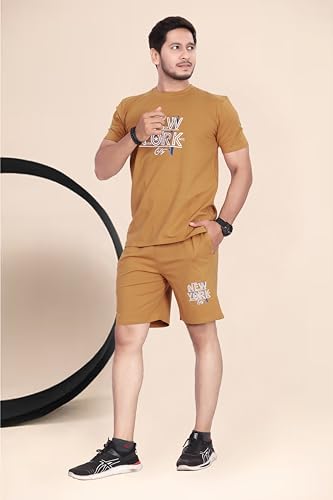 Image of HOODMASTER Men's Cotton Night Suit Set of Top & Knee Length Shorts with Round Neck Half Sleeves Solid Pattern Regular Fit and Standard Length | Mens Cotton Night Suit | T-Shirt and Shorts Sets