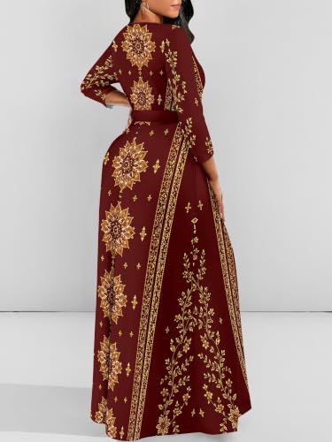 Image of Women Plus Size Long Sleeve V Neck Maxi Dress with Belt | Soft fabric relaxed fit three quarter sleeve v neck with pockets for party and daily wear