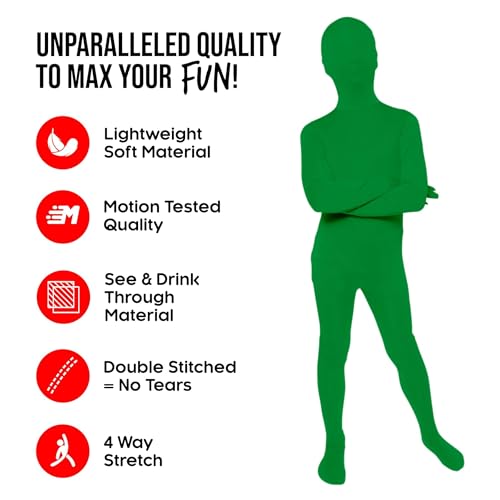 Morphsuits Green Bodysuit Costume for Kids, Green Screen Suit for Kids, Body Suit for Child, Fun Halloween Dress-Up, Medium - Thumbnail 2