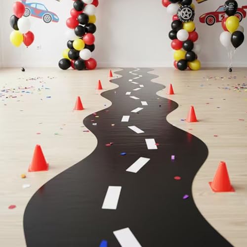 Racing Track Party Decoration Table Runner S-Shaped Design for Table, Floor, Wall, Black with White...