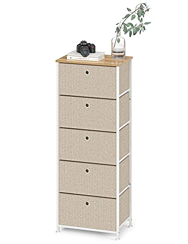 Commode avec 5 Tiroirs Meuble de Rangement Stockage Boîtes large Etagère à Tiroirs Armoire Haute Pieds Réglables Metallique pour l'entrée Salon Cuisine Chambre à Coucher Bois Acier Blanc et Beige Cover