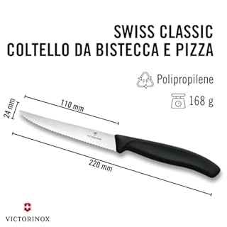 Victorinox Set di Coltelli Bistecca e Pizza Professionali Swiss Classic, 6 Pezzi, Coltelli da Tavola, Lame Affilate Ondulate, 11 cm, Manici in Plastica, Nero