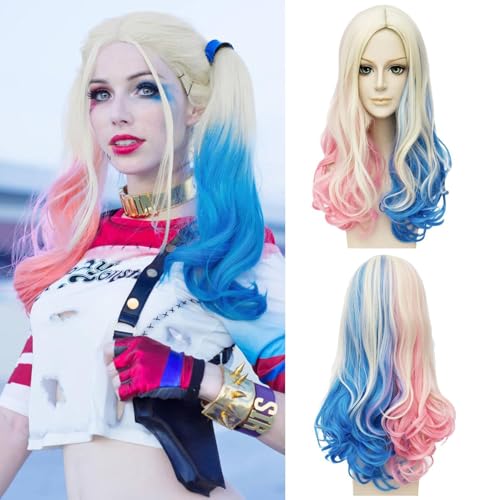 Sunshine Smile Perücke für Harley Quinn, Blond Blau Rosa, Lockig, Faser, Vollständige Kopfbedeckung, Standard, Naturlich, Handgenäht, Kind,...