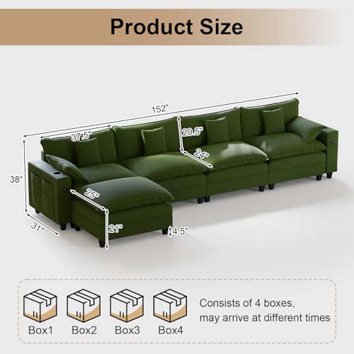 Image of KCGKCG 152 inch Modular Sectional Sofa, L Shaped Cloud Couch with Movable Ottoman, Chenille Deep Seat Cloud Sofa with Charging Station, Cup Holder, Side Pocket, Sectional Couches for Living Room, Green