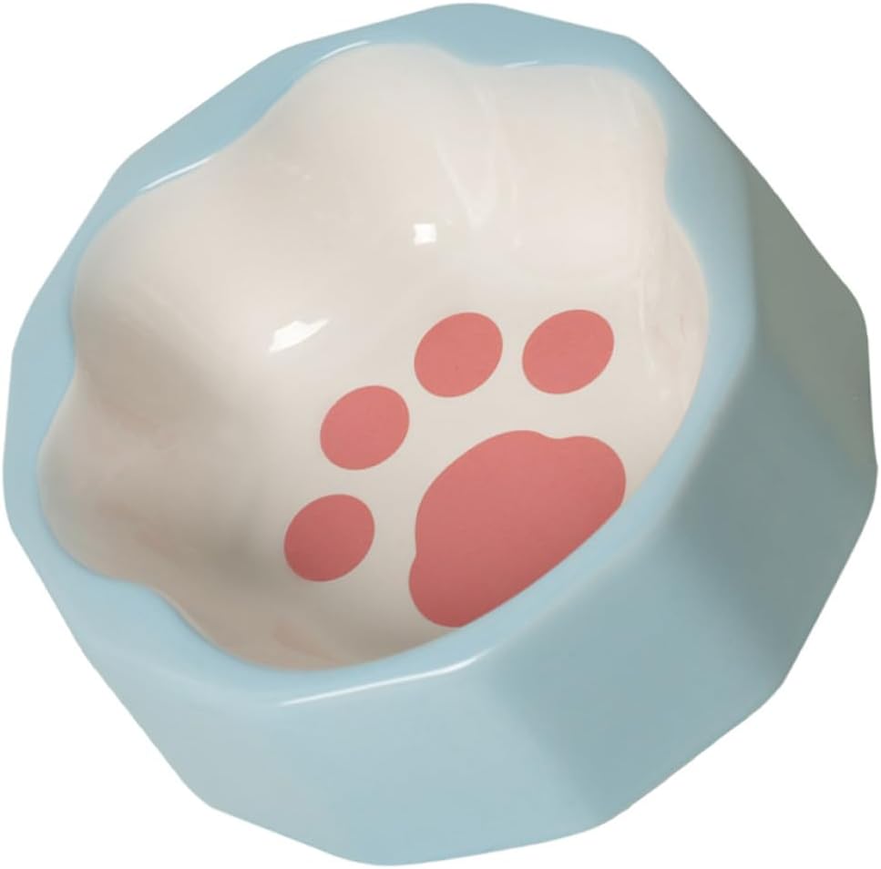 Ceramic Slanted Pet Bowl with Cute Animal Paw Design, Blue Small Dog and Cat Feeder Dish for Food and Water, Tilted Non-Spill Bowl Suitable for Pets