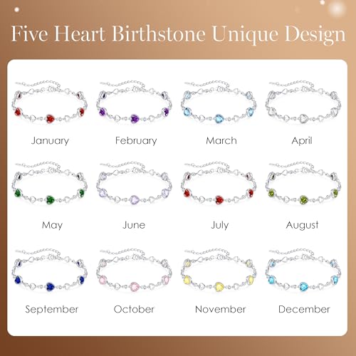 Louisa Secret Five Love Heart Birthstone Bracelets For Women, 925 Sterling Silver Fine Jewelry, Charm Link Bracelets Birthday Anniversary Christmas Gift For Women Wife Mom Girlfriend Lady thumb #6