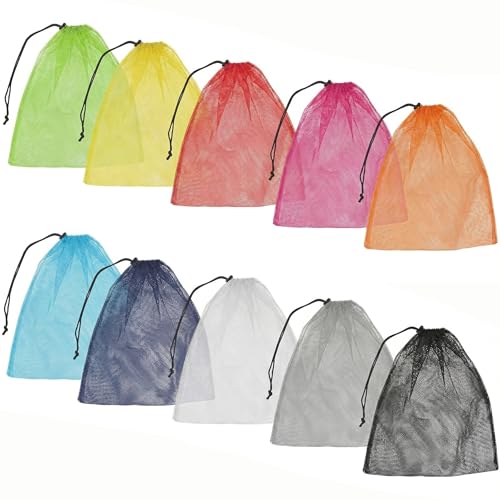 Nylon Mesh Laundry Bag for Washing Machine 10 Pack Colorful Drawstring Mesh Stuff Sack 35x40 cm Multi Functional Storage Bag for Sport Swimming Beach Travel Gym Camping and Training