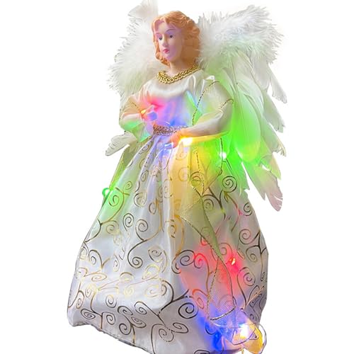 Sapin Noël 30cm Ange Pointe avec Lumineuse Coloré, Cime d'arbre De Noël, Arbre Topper Décoration avec Ailes Plumes pour Sommet D'Arbres, Maison Festive, Décor Bar Et Fête