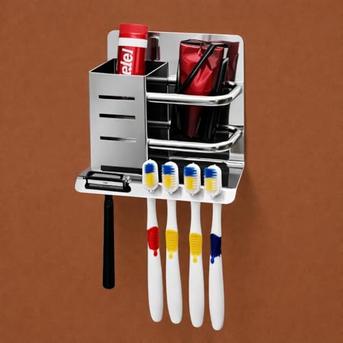 Image of Wall Mounted Toothbrush Holder Organizer, Stainless Steel Bathroom Tumbler & Toothpaste Stand, 4 Brush Slots, Mirror Finish, Rustproof Storage Rack (15 x 13.5 x 11 cm, Silver)