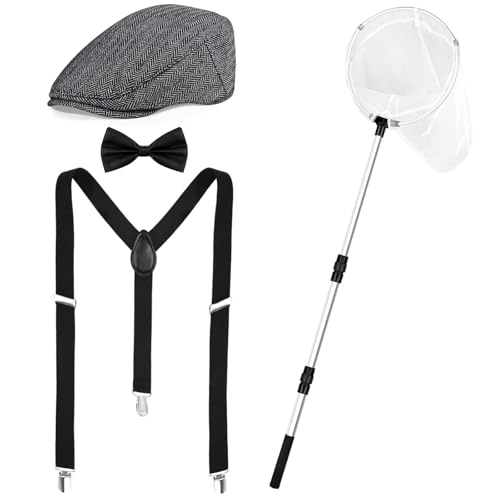JcHrmers 3 Pcs Halloween Dog Catcher Costume Set Include Hat Bowtie Suspenders and Butterfly Net for Men Women Dress Up