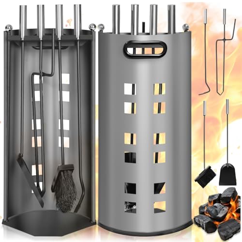 tectake® Serviteur cheminée, 5 ustensiles cheminée en acier, Support de rangement, Tisonnier,...