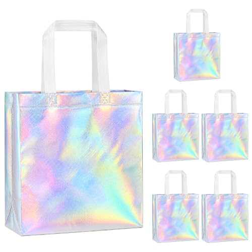 Iridescent Glossy Gift Bags 6Pcs Reusable Party Favor Bags for Gifts Holographic Non-Woven Tote Gift Bag with Handles Holiday Goodie Bag for Birthday Wedding Bachelorette Party Favor Supplies