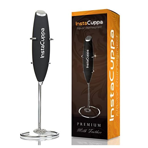 InstaCuppa Milk Frother Handheld Battery Operated Electric Foam Maker with Stainless Steel Whisk, Stainless Steel Stand Included, Black