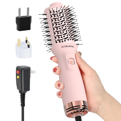 Image of Automatic Dual Voltage Travel Hair Dryer Brush Compact Mini Hot Air Brush with European Plug One Step Blow Dryer and Styler for Women, Oval Barrel 3 Heat & 2 Speed Settings