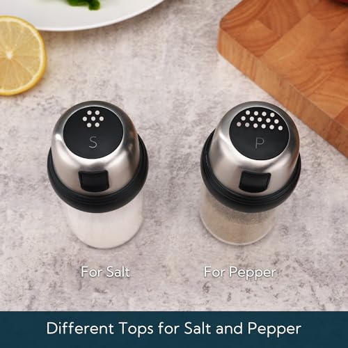 Image of KITCHENDAO 2 in 1 Glass Salt and Pepper Shaker Set with Side Pour Spout,Built-in Lid to Slow Down Danmpness with Mearsuring Marks,(Black)